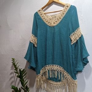 Flowy Turquoise Crochet Woven Tunic